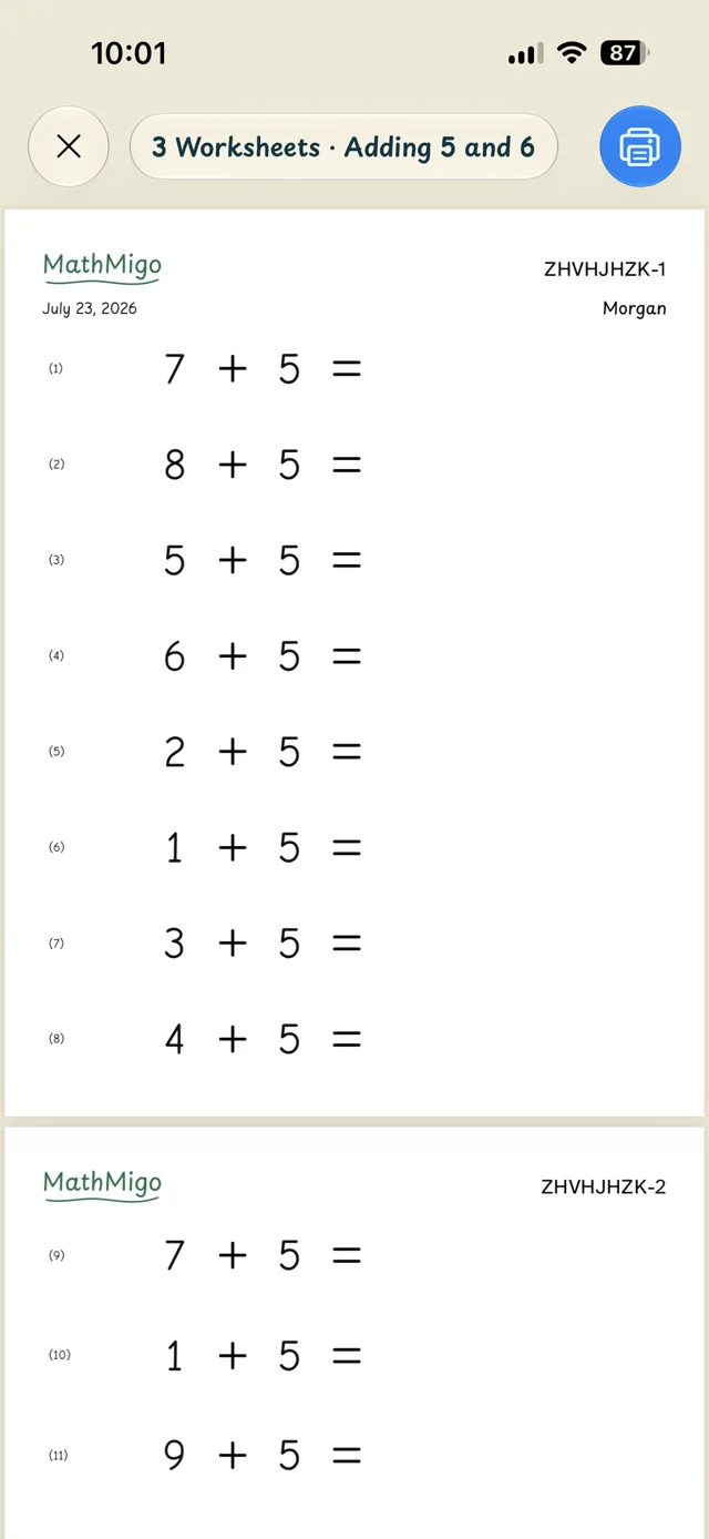 The app showing three printable addition worksheets with a print button