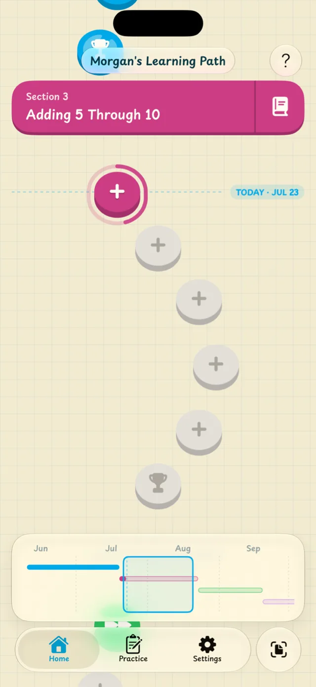The app's skill map showing a student months into the learning path, with a timeline of completed and upcoming sections