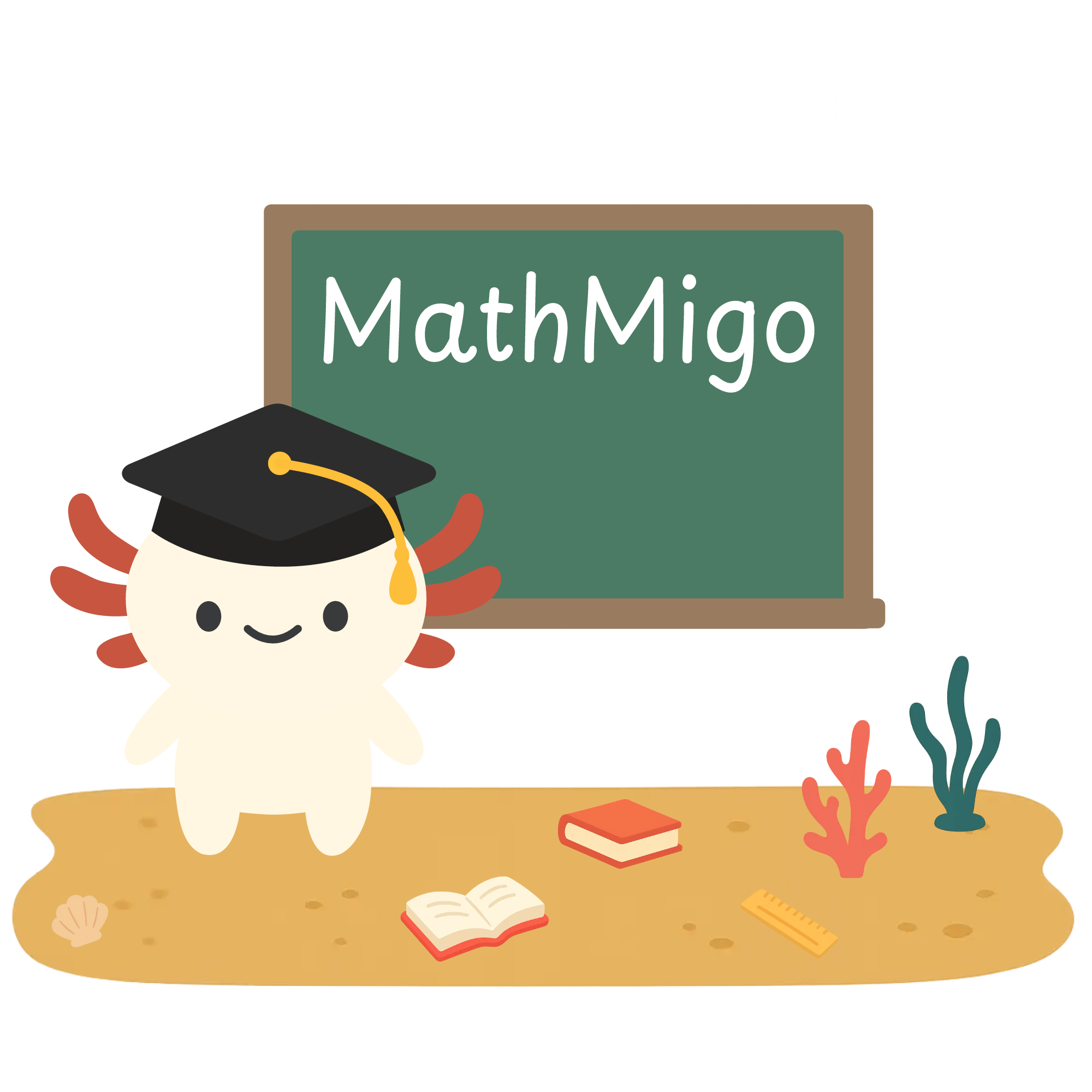 Axo the MathMigo mascot in front of a chalkboard
